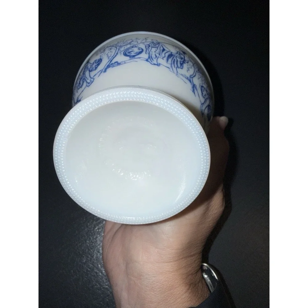 Vintage Milk Glass Lidded Footed Candy Dish Blue Asian Scene Made in Belgium